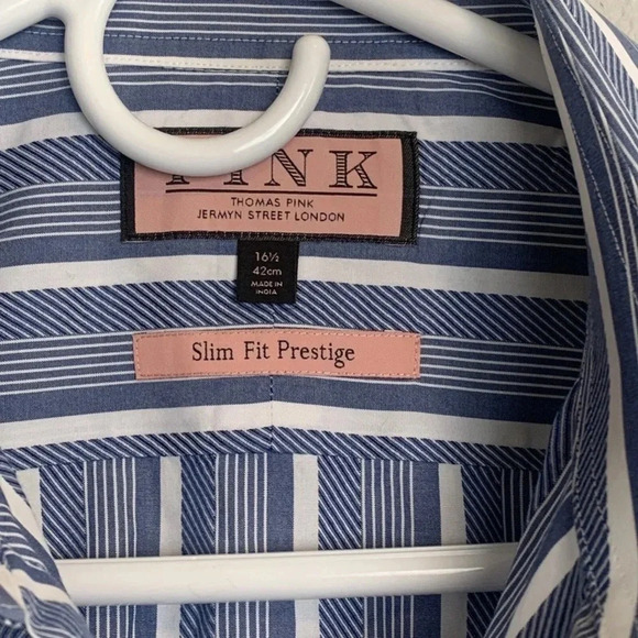 Jermyn Street Thomas Pink London Men's Dress Shirt Blue Striped French Cuff 16.5 - Picture 3 of 12